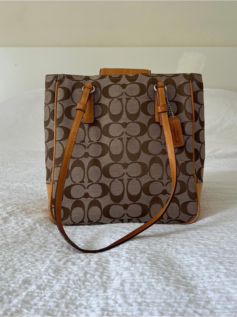Vintage Coach Monogram Canvas Shoulder Bag in Brown and Tan